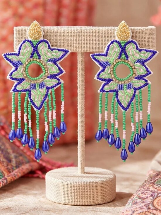 Deepa Gurnani Jewelry - Blue Turquoise Beaded Crystal Chandelier 4" Long Boho Hippie Bohemian Earrings